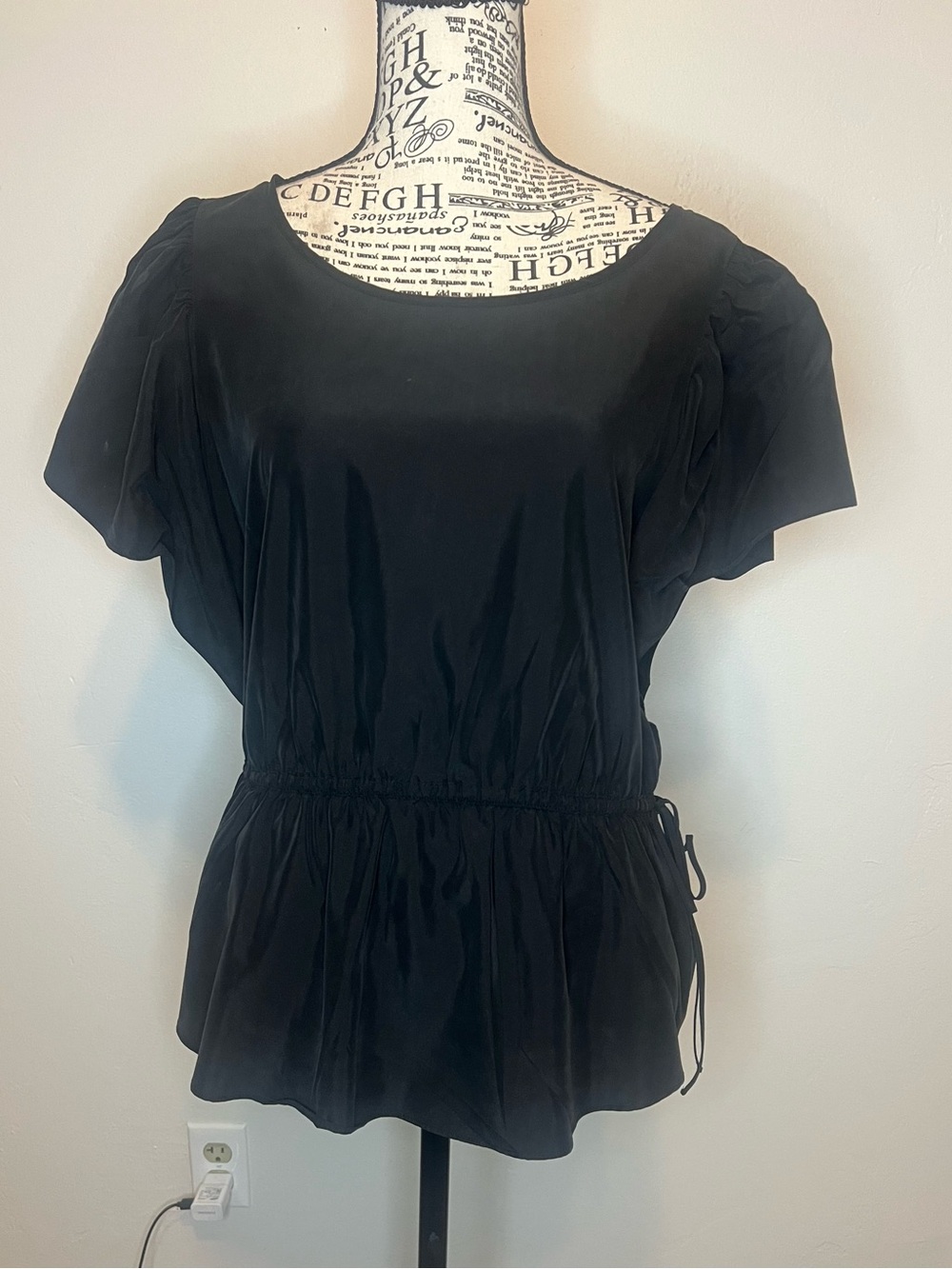 Express Black Short Sleeve Peplum Blouse with Drawstring Waist